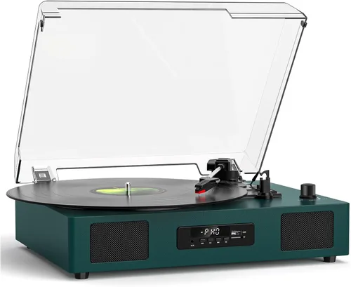 Vista 10 de Reproductor de discos de vinilo con Bluetooth, tocadiscos de 3 velocidades por correa con altavoces integrados, fácil configuración