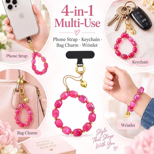 Vista 2 de Long tiantian Correa de pulsera para teléfono con cuentas y dije para A1: rosa intenso