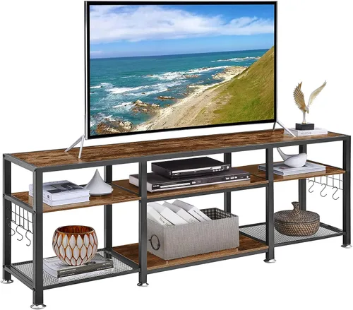 Vista 8 de VECELO Soporte de TV de 63 pulgadas con tomas de corriente para televisión de 55/60/65/70 pulgadas, centro de entretenimiento con estantes de Gris