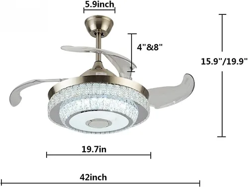 Vista 6 de HNDDS - Ventilador de techo Bluetooth de 42 pulgadas con luces, ventilador de techo de cristal de lujo con hoja retráctil, ventilador inteligente
