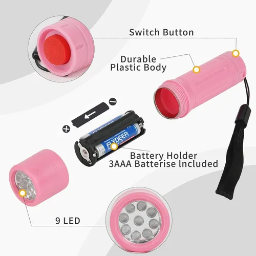 Vista 4 de Paquete de 3 mini linternas LED a granel, pequeñas linternas multicolor con cordón, 9 pilas AAA incluidas, para suministros de huracán, regalos de 3