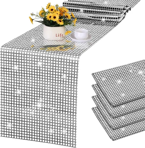 Vista 13 de Durony Paquete de 2 caminos de mesa disco de 11 x 108 pulgadas, espejo rosa intenso con laminado de purpurina y lentejuelas brillantes