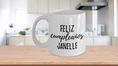 Vista 3 de Feliz Cumpleanos Janelle Mug Spanish Happy Birthday Personalized Name Gift Coffee Tea Cup 11 oz