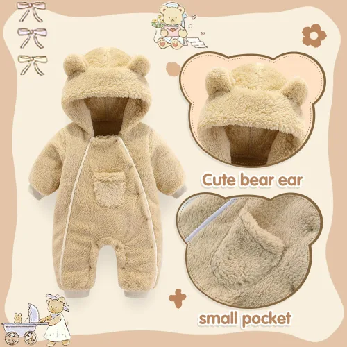 Vista 3 de UVIPC Mono de oso para bebé recién nacido, mono de forro polar con capucha, diseño de doble línea
