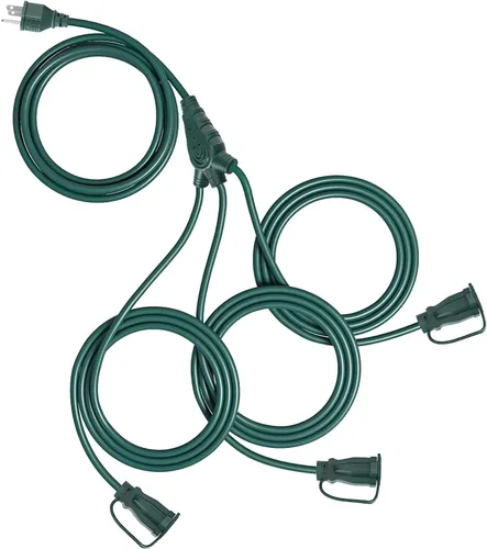 Vista 7 de Cable de extensión para exteriores con múltiples tomas, cables de extensión negros de 1 a 3 divisores de 12 pies, cable SJTW 16/3 resistente a
