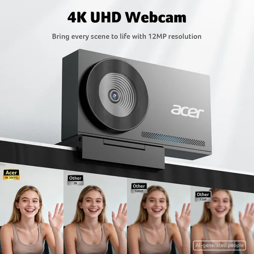 Vista 3 de Acer Cámara web 4K para PC/Mac con cuerpo unibody de metal completo esculpido, sensor Sony de 1/2", PDAF, 2 micrófonos de reducción de ruido
