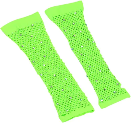 Vista 2 de JOMOCARE Guantes largos de red sin dedos para fiesta temática de los años 80 con diamantes de imitación, guantes de malla para mujeres y niñas