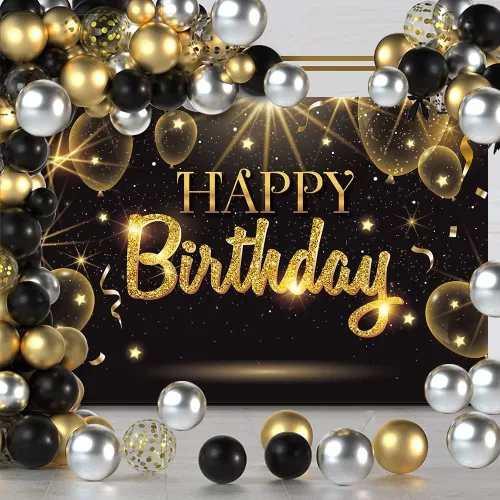 Vista 2 de Telón de fondo negro dorado para decoración de fiesta de feliz cumpleaños, cartel de globos dorados con purpurina y estrella para cumpleaños, telón