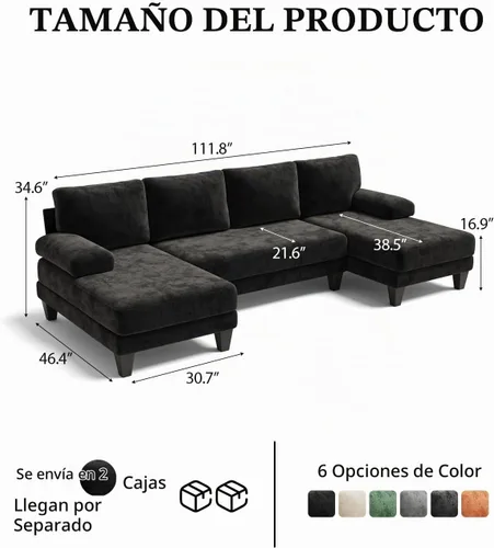 Vista 2 de Sofás seccionales en forma de U para sala de estar, sofá modular moderno de 112 pulgadas, sofá de felpilla con diván doble para apartamento