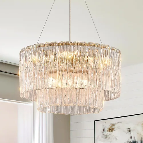 Vista 10 de CATINER Candelabro de cristal de 20 pulgadas, moderno, 6 luces, lámparas de tambor dorado, iluminación colgante de techo de lujo para entrada