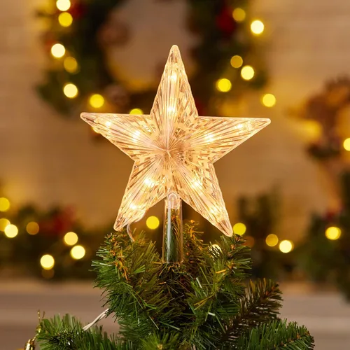 Vista 5 de Estrella iluminada para la punta del árbol de Navidad con 10 bombillas reemplazables integradas, estrella de cinco puntas transparente de 9.5