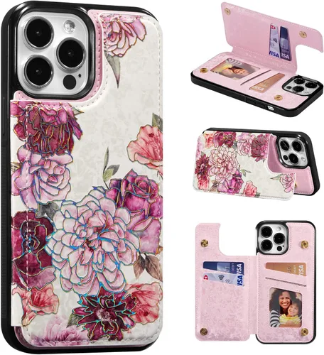Vista 41 de UEEBAI Funda tipo cartera para iPhone 13 con tarjeteros, piel sintética, diseño floral, función atril, bloqueo RFID, doble cierre magnético, funda