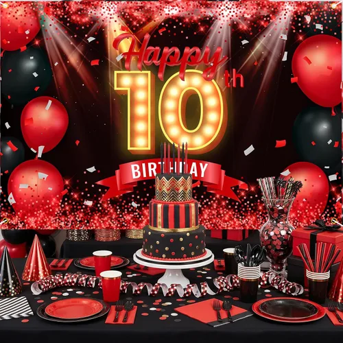 Vista 5 de Cartel de feliz cumpleaños 10 años, fondo rojo y negro, decoraciones de cumpleaños para niñas y niños de 10 años, artículos de fotografía