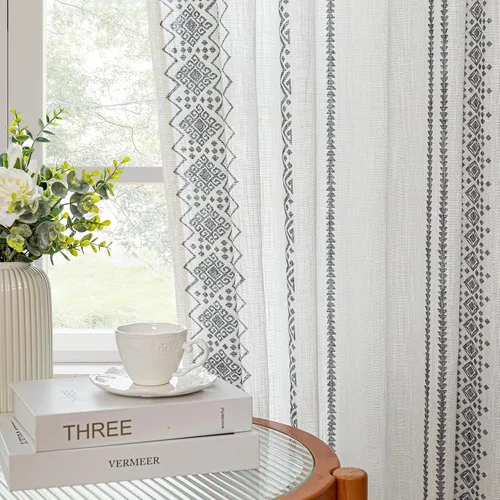 Vista 28 de MEETSKY Cortinas verde salvia de 63 pulgadas de largo, cortinas boho para sala de estar y dormitorio, cortinas semitransparentes de estilo lino