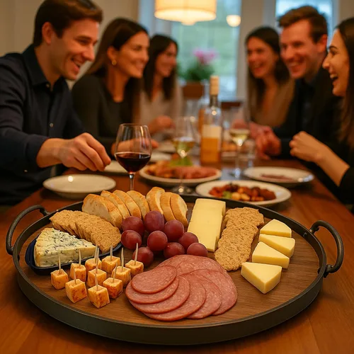 Vista 9 de Bandeja redonda de madera para servir, asas de hierro, tablero de madera de acacia rústica, decorativo para alimentos y bebidas para el hogar, 14