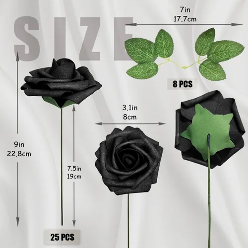 Vista 3 de 25 piezas Flores Artificiales de Espuma Rosas Falsas con Tallos 8 Hojas Rosas Sintéticas de Aspecto Real para Ramos de Boda Centros de Mesa de Negro
