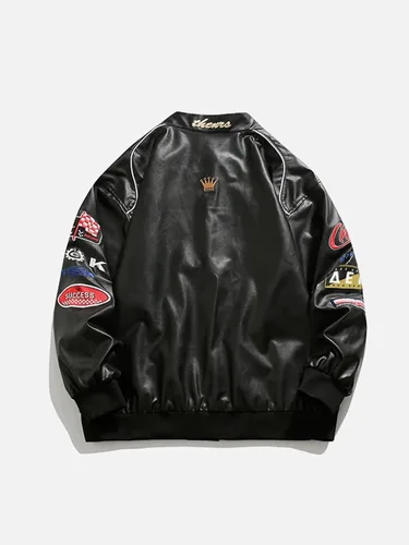 Vista 5 de Aelfric Eden Chaqueta de motocicleta para hombre, chaqueta de carreras bordada con letras Blackair, chaqueta de moto para mujer, abrigos vintage