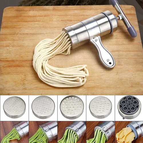 Vista 5 de Prensa manual de fideos de acero inoxidable, manivela de mano, máquina de prensa de masa de fettuccine para fideos, máquina de pasta con 5 moldes