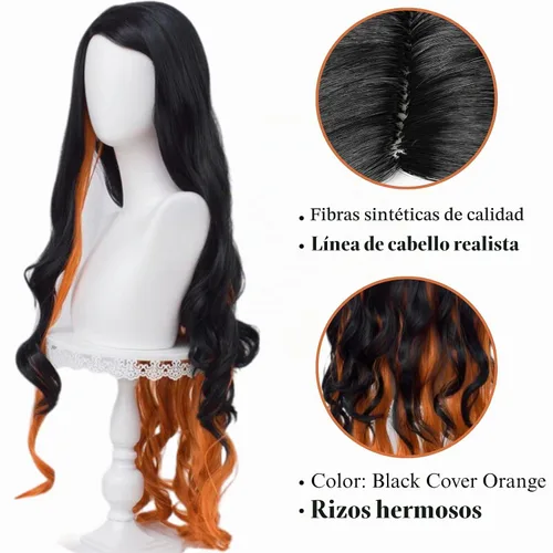 Vista 4 de SL Nezuko - Peluca de cosplay + cinta rosa para DS, peluca larga negra y naranja, pelucas de pelo de anime con gorra para fiesta de disfraces