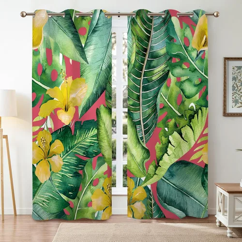 Vista 2 de Renaiss Cortinas de plantas tropicales, hojas de palma verdes y flores amarillas, cortinas opacas con ojales en la parte superior, 45 pulgadas