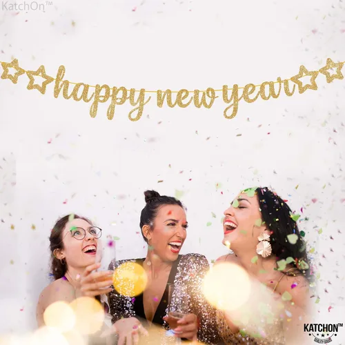 Vista 8 de KatchOn, Cartel dorado de feliz año nuevo – 10 pies, pre-encordado Cartel de feliz año nuevo con purpurina para decoraciones de Año Nuevo 2026