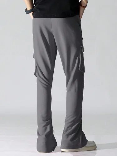 Vista 2 de GORGLITTER Pantalones cargo para hombre con cordón en la cintura, pantalones deportivos apilados Y2K con bolsillos con solapa y pierna ancha