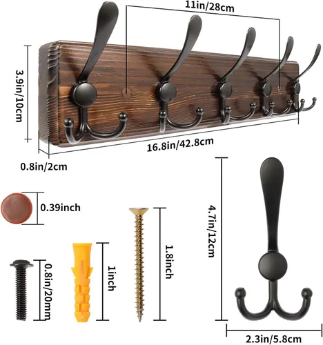 Vista 6 de Perchero de pared rústico para sombreros de 16.8 pulgadas con 5 ganchos triples para colgar abrigos, bolsos, toallas