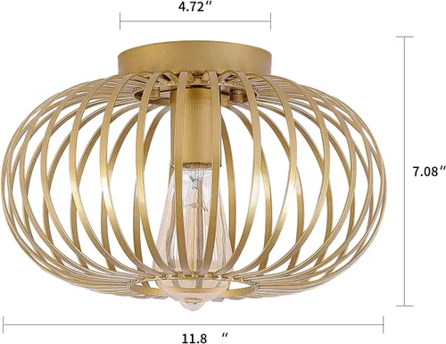 Vista 4 de Fivess Lighting Moderna lámpara de montaje empotrado dorada con jaula de metal, lámpara de techo semiempotrada para pasillo, dormitorio, cocina