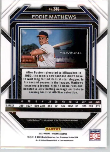Vista 2 de 2023 Panini Prizm #280 Eddie Mathews Milwaukee Braves Baseball Card in Raw (NM or Better) Condition