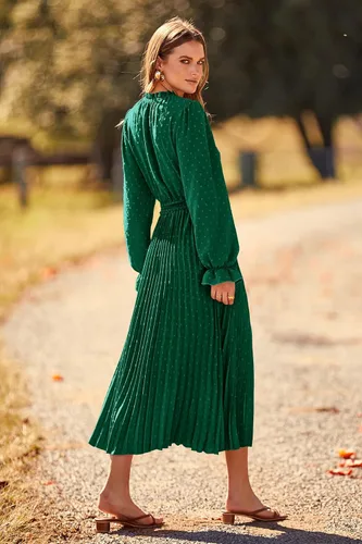 Vista 2 de PRETTYGARDEN - Vestido de otoño por debajo de la rodilla para mujer - Vestido acampanado, fluido y casual de manga larga con cuello en V y plumetí