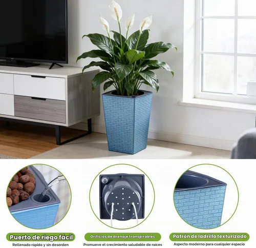 Vista 5 de Paquete de 2 macetas de riego automático de 10.7" x 6.9" para plantas de interior, macetas violetas de riego automático, macetas de flores de Azul