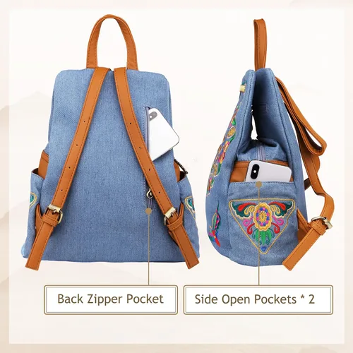 Vista 5 de Jursccu Mochilas de lona floral bordadas de mezclilla para mujer, antirrobo, retro, estilo étnico, bolsa de hombro, Jean Azul Claro, MochilaBolso