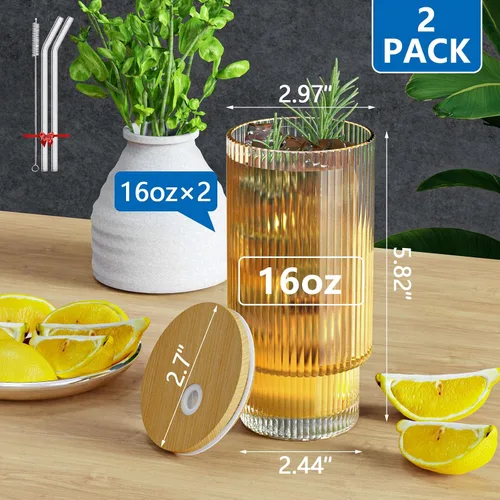 Vista 12 de CWHHRN Vaso de vidrio de 16 oz con tapa y pajita, vajilla vintage acanalada para whisky, cóctel, cerveza, tazas para café helado con tapa, vaso