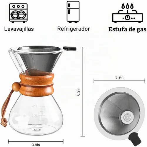 Vista 2 de Cafetera para verter sobre el gotero de café con filtro de acero inoxidable Café para verter sobre 13.5 onzas, cafetera de goteo, jarra de alta