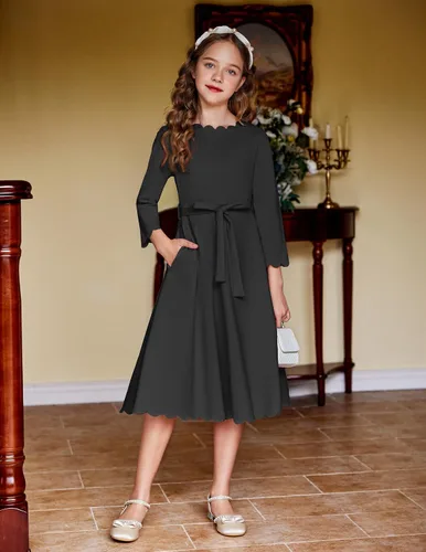 Vista 8 de Arshiner Vestido de fiesta para niñas con ribete festoneado, cinturón, acampanado, formal, por debajo de la rodilla, con bolsillos, para 6-15 años