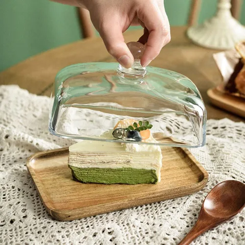 Vista 6 de Angoily Bandeja de comedor de vidrio de 7 pulgadas con cubierta de cúpula transparente para servir postres para el hogar, cocina y entretenimiento