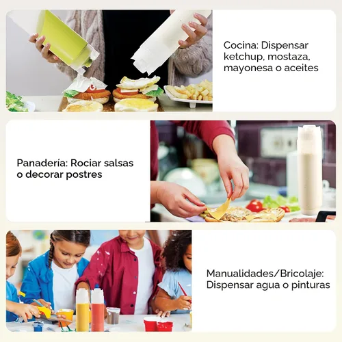 Vista 5 de Restaurantware Botella de presión invertida de plástico de 16oz. FIFO con tapas de recarga y dispensación - Primero en entrar, primero en salir