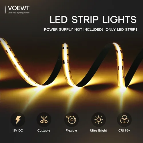 Vista 2 de COB - Tira de luces LED de color blanco cálido, 3000 K, 16.4 pies, 12 V, alto CRI 95Ra+, súper brillante, cinta de luces flexibles para dormitorio