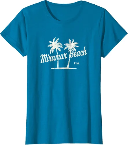 Vista 79 de Miramar Beach Florida Vintage 70s Palm Trees - Camiseta gráfica, Azul / Patchwork, S