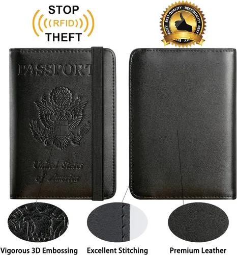 Vista 4 de Funda para pasaporte, cartera, artículos esenciales de viaje, con bloqueo RFID, funda de piel para tarjetas de viaje internacionales, accesorios