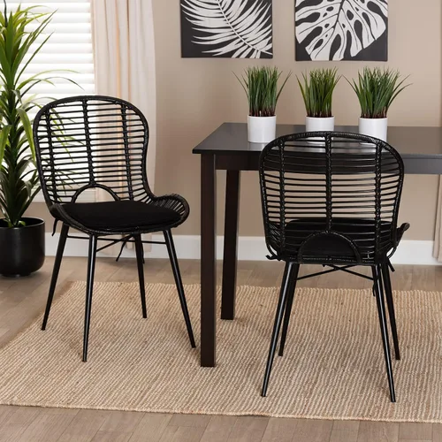 Vista 2 de Baxton Studio Brenna - Silla de comedor de ratán bohemia, color negro, 2 juegos (231-2P-12827-HT)