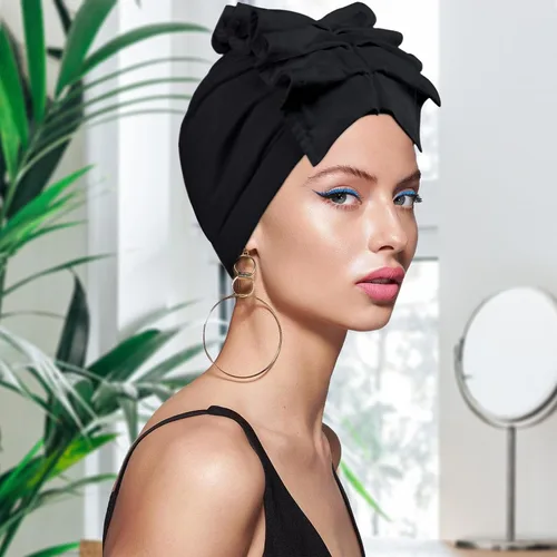 Vista 5 de Babalet Turbante elástico africano doble capa sombreros suaves pre-atados capó envoltura para el cabello con volantes turbantes para mujeres negras
