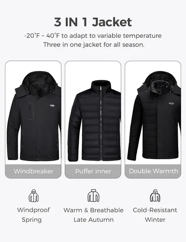 Vista 3 de Wantdo - Chamarra impermeable de esquí 3 en 1 para hombre, abrigo acolchonado para nieve