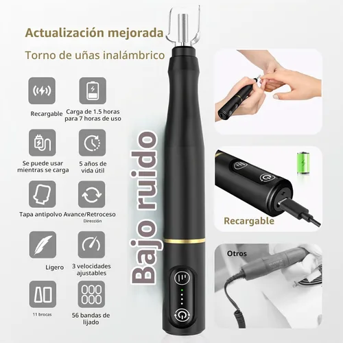 Vista 4 de TUOBEO - Kit de lima de uñas eléctrica para taladro de uñas inalámbrico, juego de archivos electrónicos recargables Negro