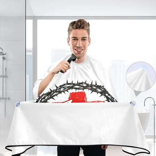 Vista 6 de ALAZA Capa de peluquería profesional de 55 x 65 pulgadas, diseño de cruz cristiana de Jesús impermeable, con cierre a presión, para hombres y mujeres