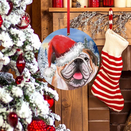 Vista 5 de Adorno de Bulldog Inglés para la Primera Navidad 2023, adorno para árbol de Navidad, decoración de árbol de Navidad de Papá Noel, adorno colgante