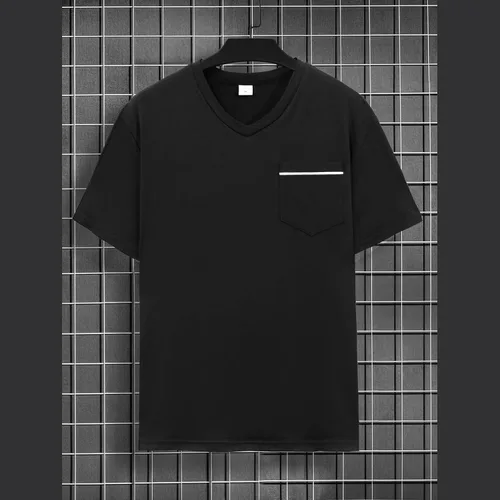 Vista 3 de Camisetas básicas de manga corta para hombre, estilo casual, color liso, cuello en V, para verano, playa, con bolsillo