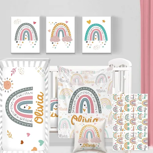Vista 20 de Juego de ropa de cama personalizado para cuna de bebé, juego de 5 piezas para cuna de bebé, diseño de arco iris y diseño de arco iris, manta de bebé