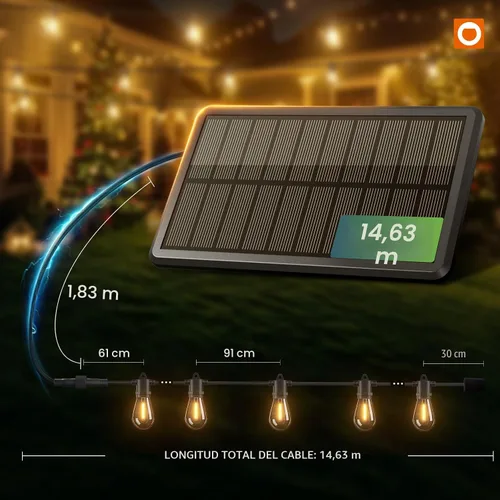 Vista 6 de addlon Cadena de luces solares de 54 pies (48+6) para exteriores, impermeables con carga USB y control remoto - Luces de patio con energía solar