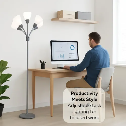 Vista 5 de LIGHTACCENTS Lámpara de pie Medusa de 5 luces para dormitorio – Lámpara de pie con múltiples cabezas y 5 pantallas de acrílico blanco, lámpara araña